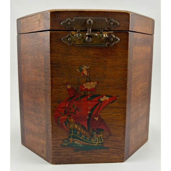 Vintage Lidded Wood Deco Box with Floral Pirate Ship Appliques Brass Closure - Picture 3 of 12